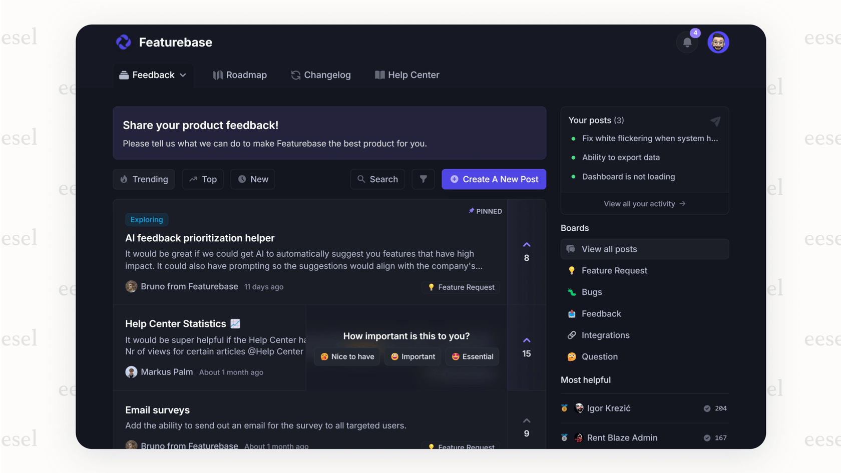 A screenshot of the Featurebase platform, a multi-feature GitBook alternative, displaying its integrated knowledge base, feedback board, and roadmap sections.