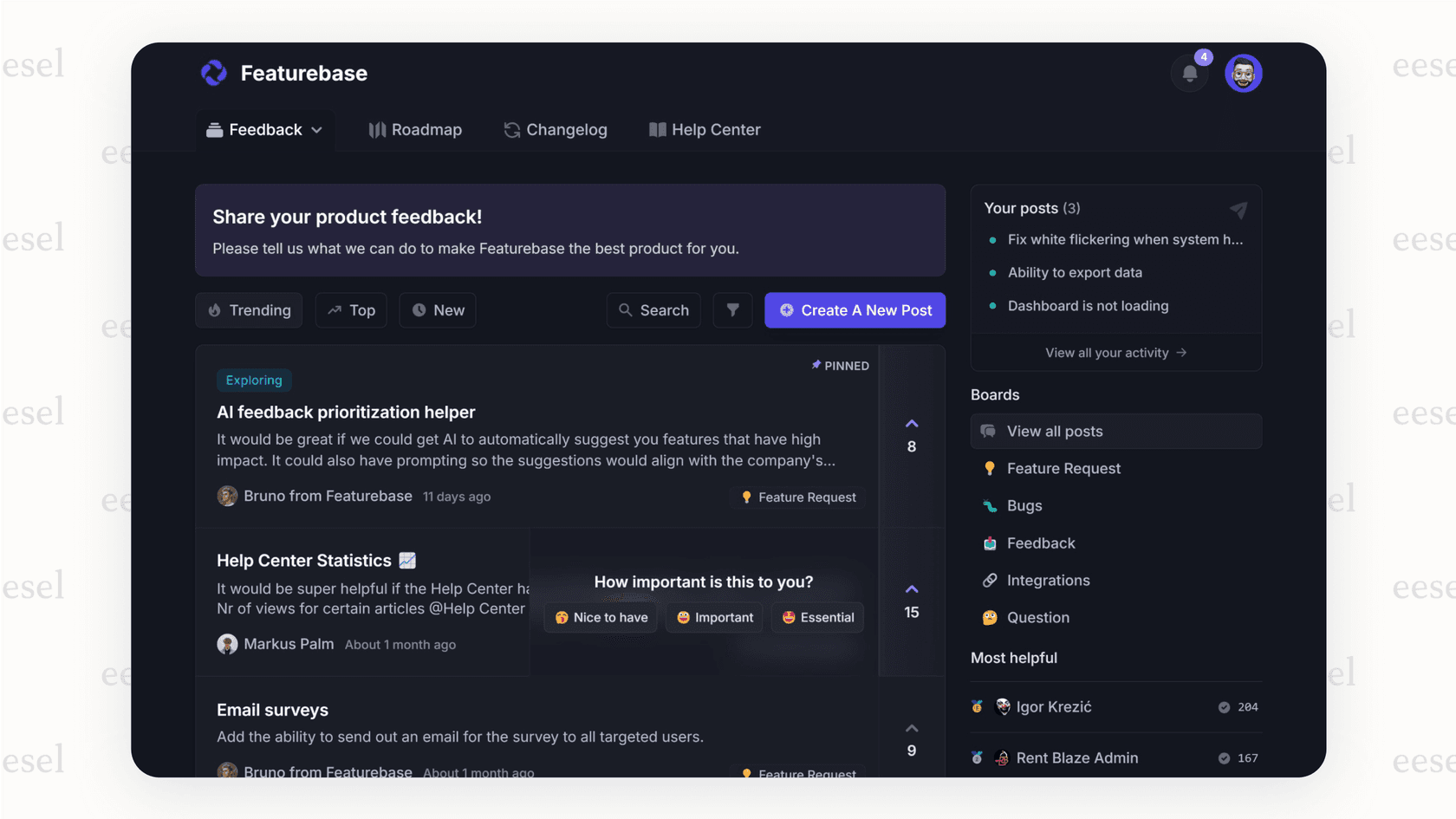 A screenshot of the Featurebase platform, a multi-feature GitBook alternative, displaying its integrated knowledge base, feedback board, and roadmap sections.