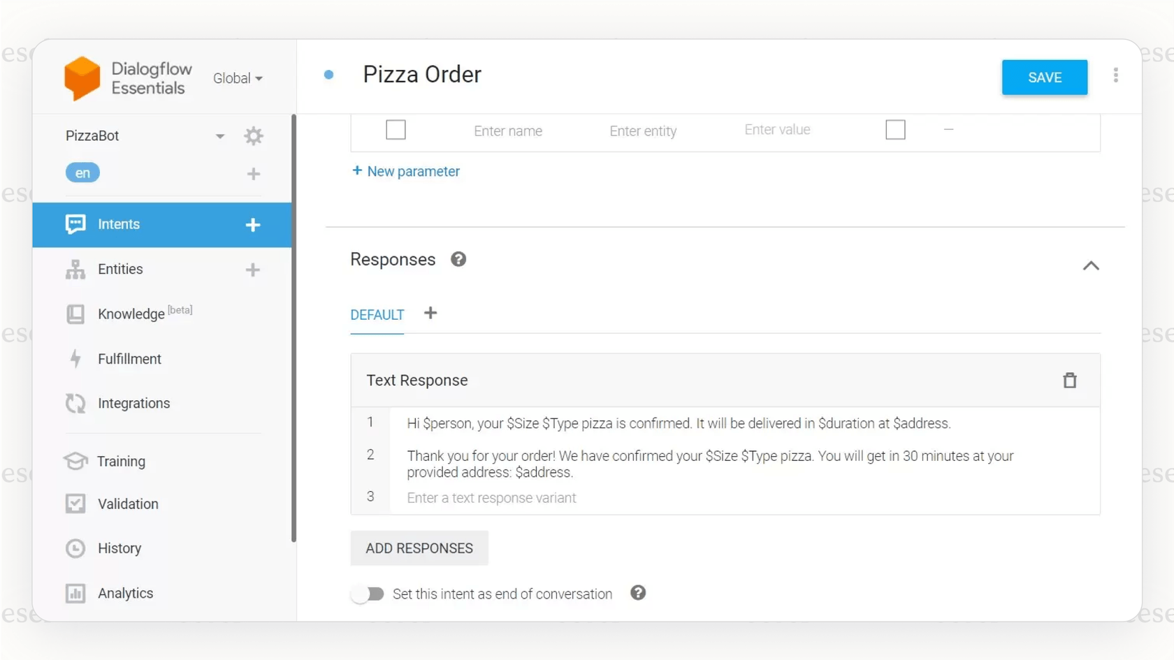 The developer console for Google Dialogflow, a powerful conversational AI platform.