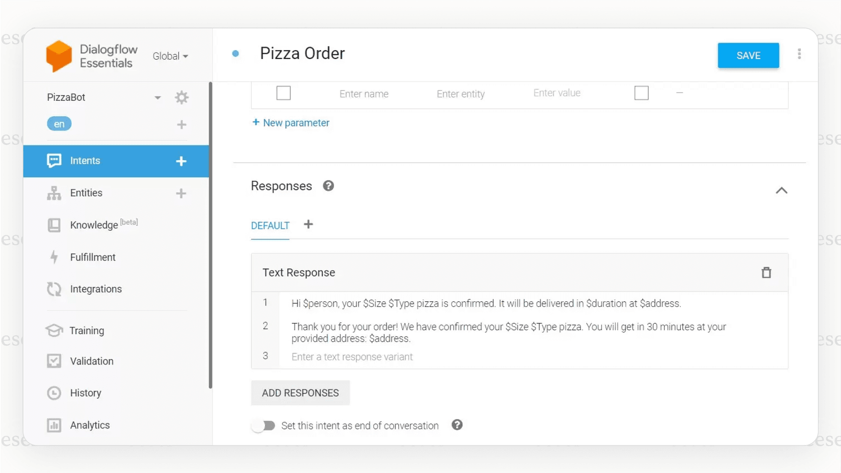 The developer console for Google Dialogflow, a powerful conversational AI platform.