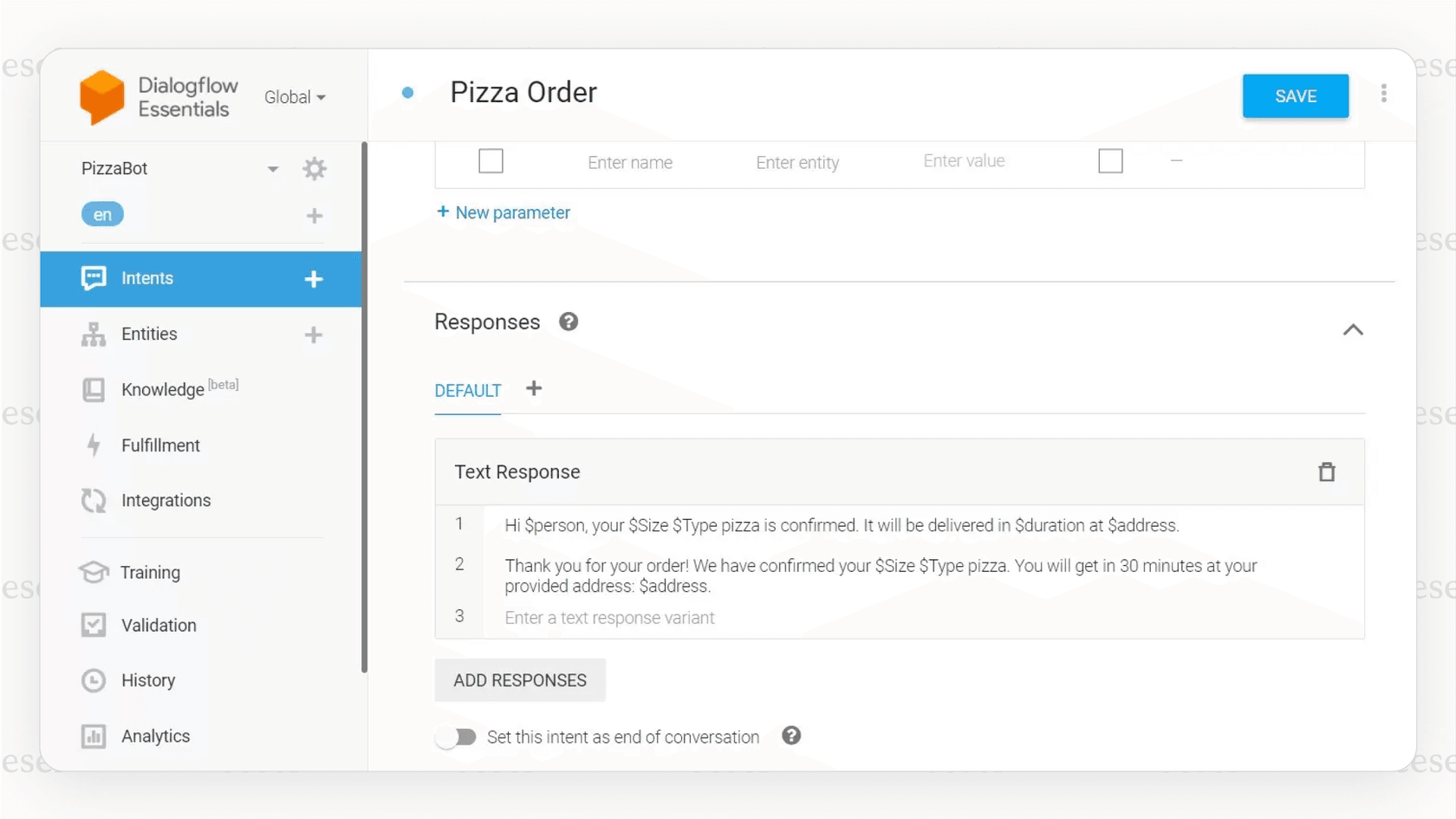 A screenshot of the Google Dialogflow interface, a top choice for developers among conversational AI platforms, showing how intents and training phrases are configured.