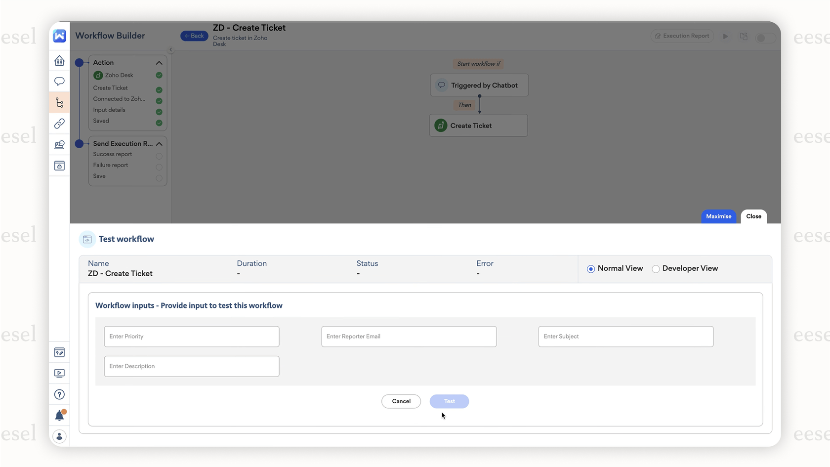 El constructor de automatización visual y sin código en el service desk con IA de Workativ, que permite a los equipos de TI crear flujos de trabajo personalizados para su chatbot.