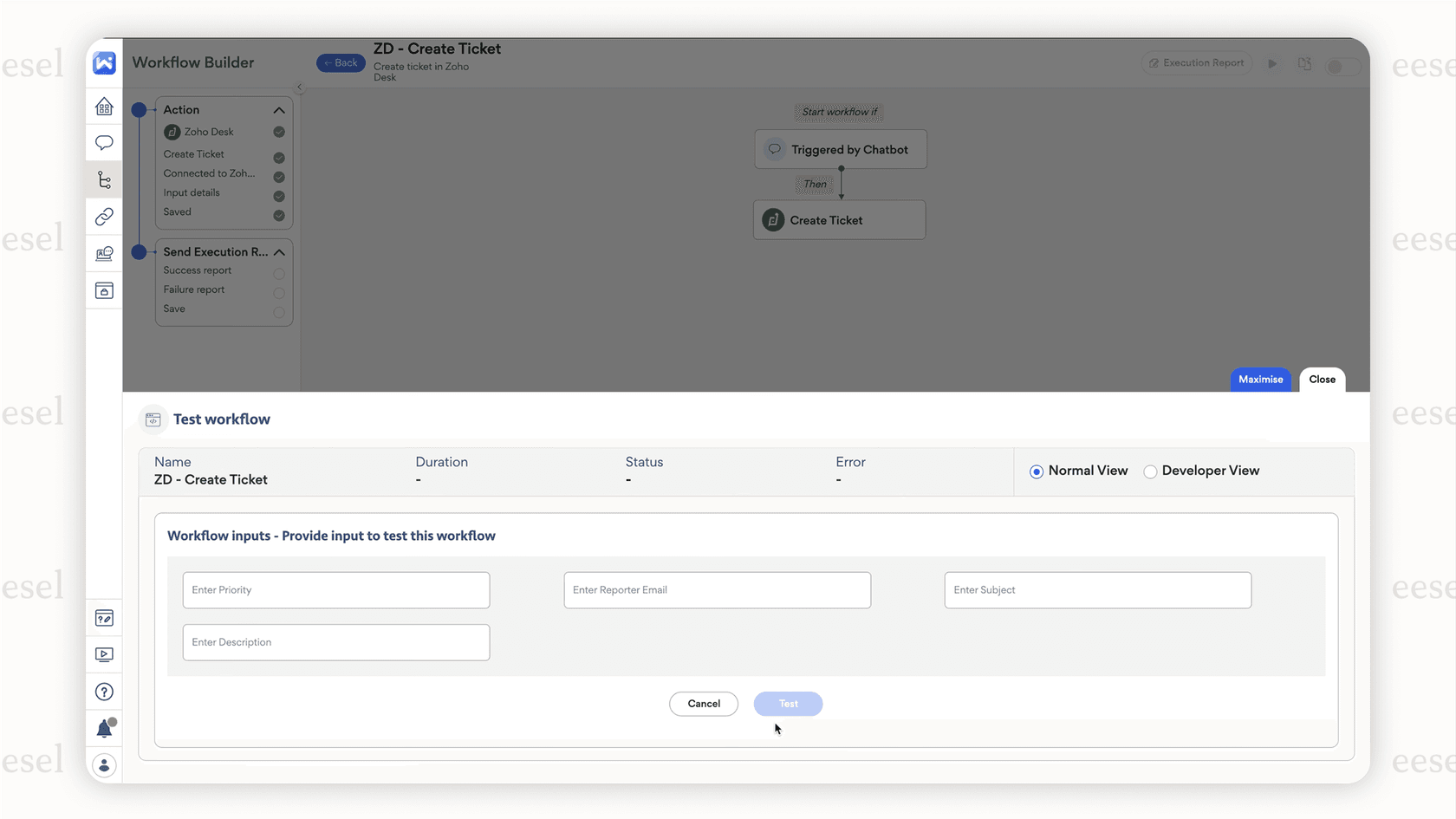 The visual, no-code automation builder in the Workativ AI service desk, which allows IT teams to create custom workflows for their chatbot.
