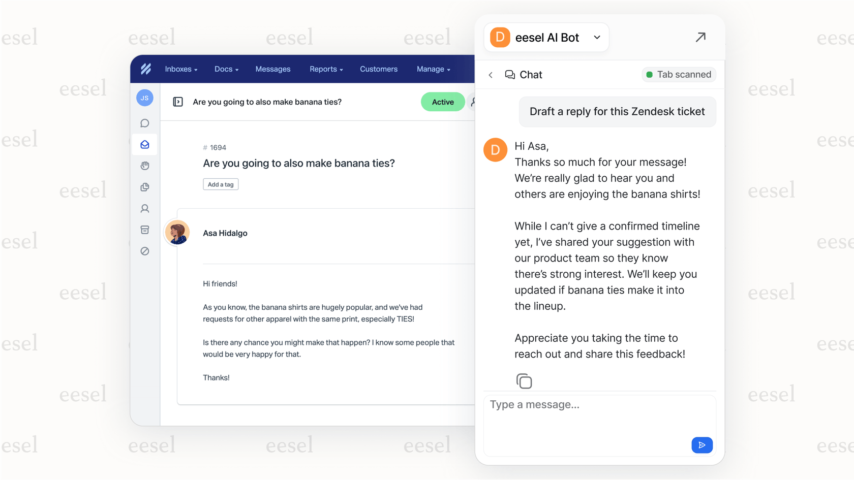 The eesel AI Copilot drafting replies within a help desk, demonstrating how to use AI to assist support agents.