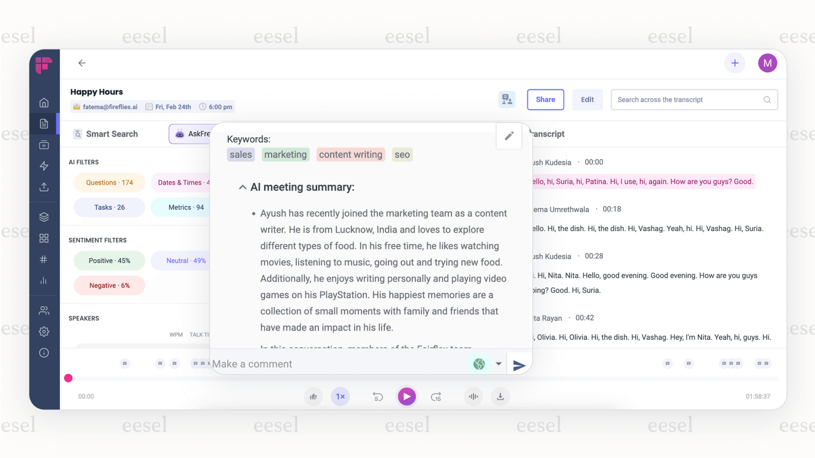 A screenshot of Fireflies.ai displaying an automated meeting summary and action items, showing how AI project management tools can streamline meeting follow-ups.
