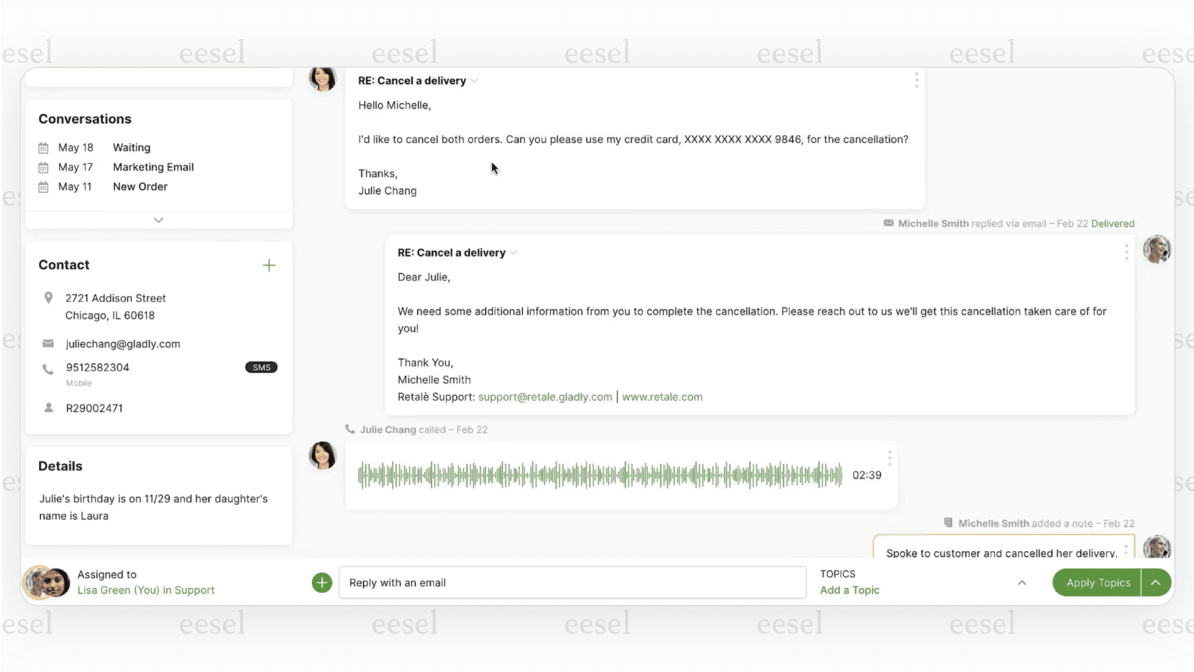 A screenshot of the Gladly interface showcasing a unified conversational history for one customer across multiple channels, a key feature that sets it apart from other kustomer alternatives.