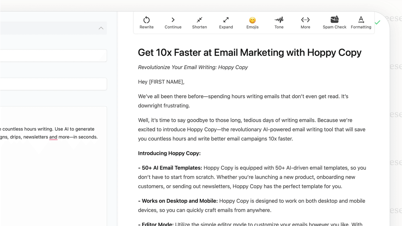 A screenshot of Hoppy Copy, a specialized platform among AI tools for marketing, showing its ability to generate a complete email sequence.