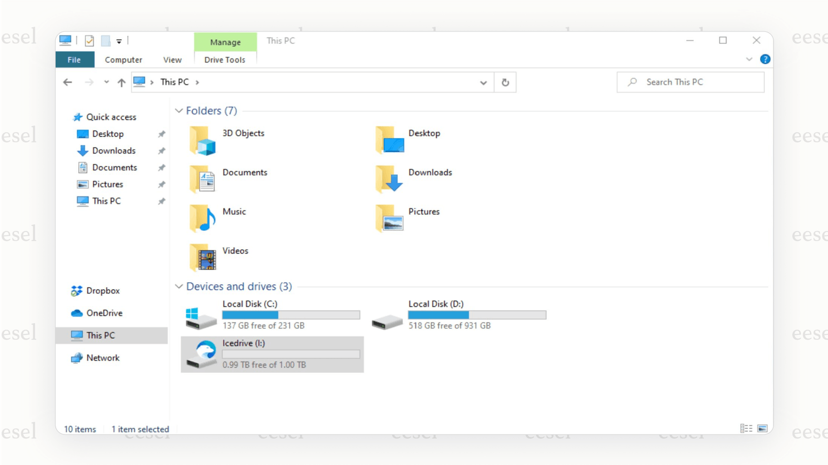 Ein Screenshot, der das virtuelle Laufwerk von Icedrive auf einem Desktop zeigt, ein herausragendes Merkmal, das es zu einer der innovativsten Google Drive-Alternativen macht.