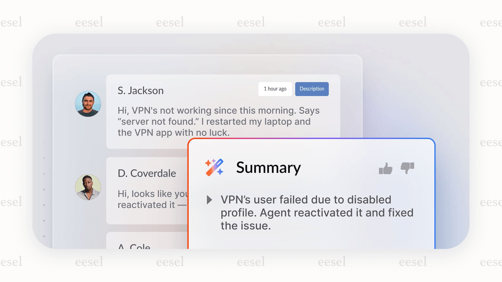 La interfaz de agente del service desk con IA de Invgate, destacando la función de resumen de IA con un solo clic que ayuda a los agentes a comprender rápidamente el contexto del ticket.