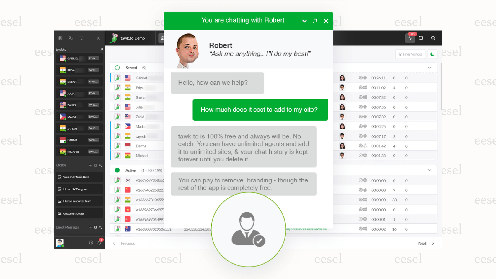 The dashboard of the free Tawk.to live chat software.