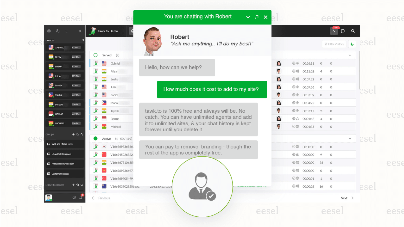 An overview of the free Tawk.to live chat software dashboard, showing its core features for businesses on a budget.