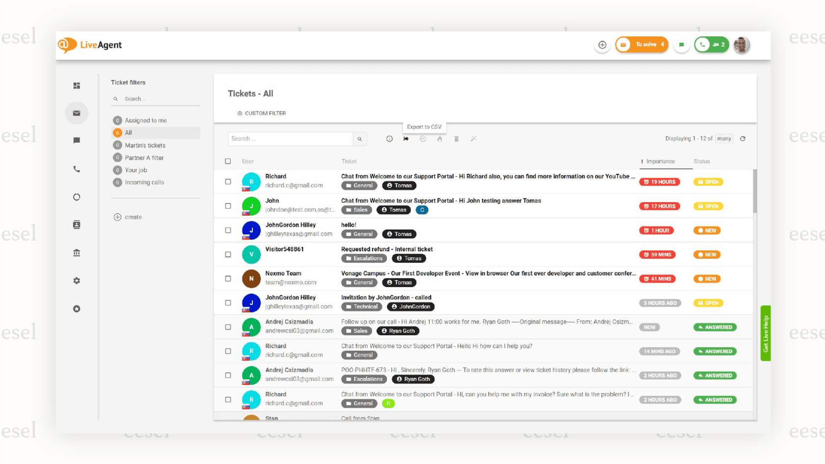 La fonctionnalité de boîte de réception universelle du logiciel de chat en direct LiveAgent.