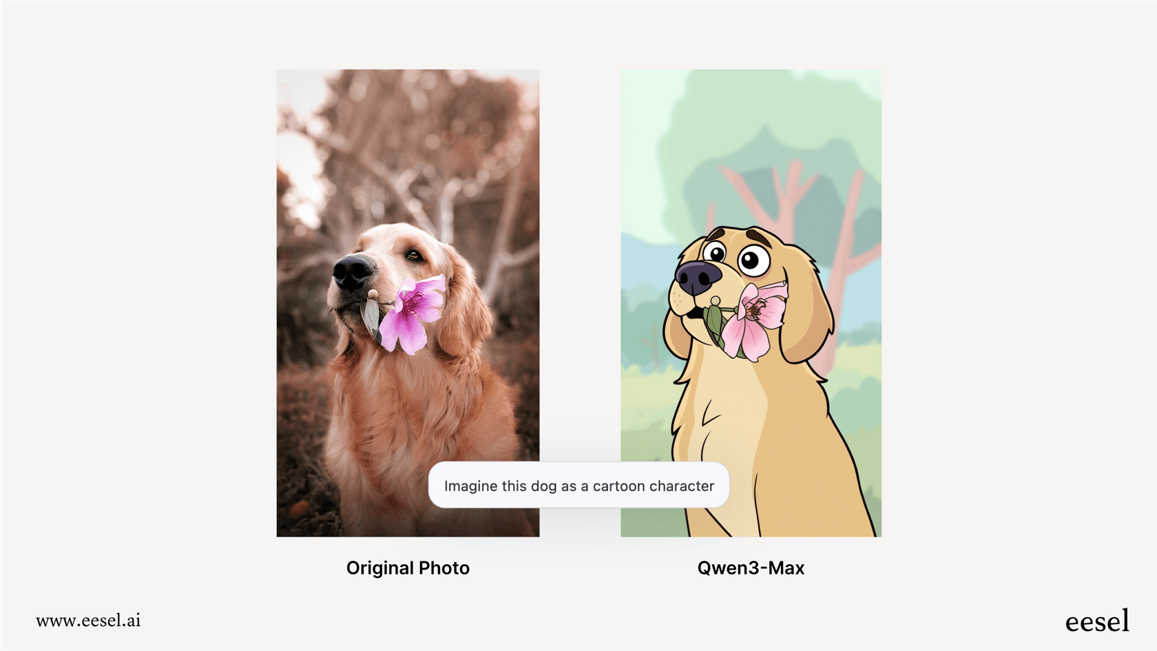 Side-by-side images showing a photo of a dog edited into a cartoon style using the Qwen Image Edit model.