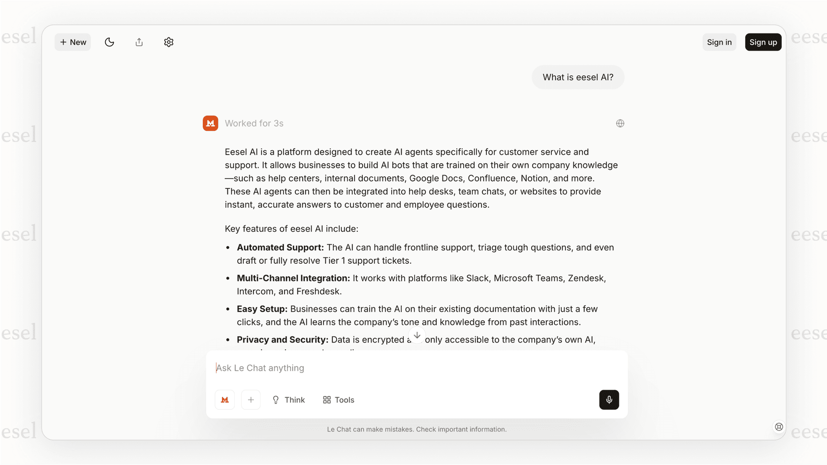 Screenshot of the Le Chat interface from Mistral AI, demonstrating its conversational capabilities.