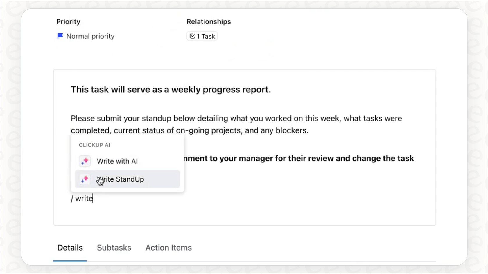 Screenshot of an automatically generated project stand-up summary created by ClickUp Brain, listing progress and blockers.