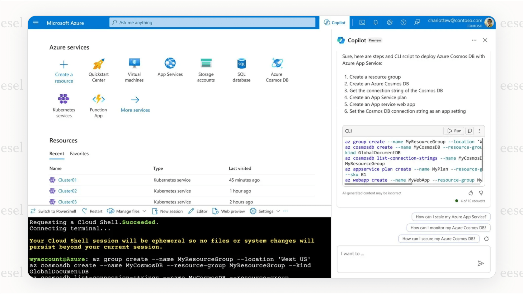 A user asks the Azure Copilot to generate a Terraform script for a web app, and the AI assistant provides the complete, ready-to-use code in the chat window.
