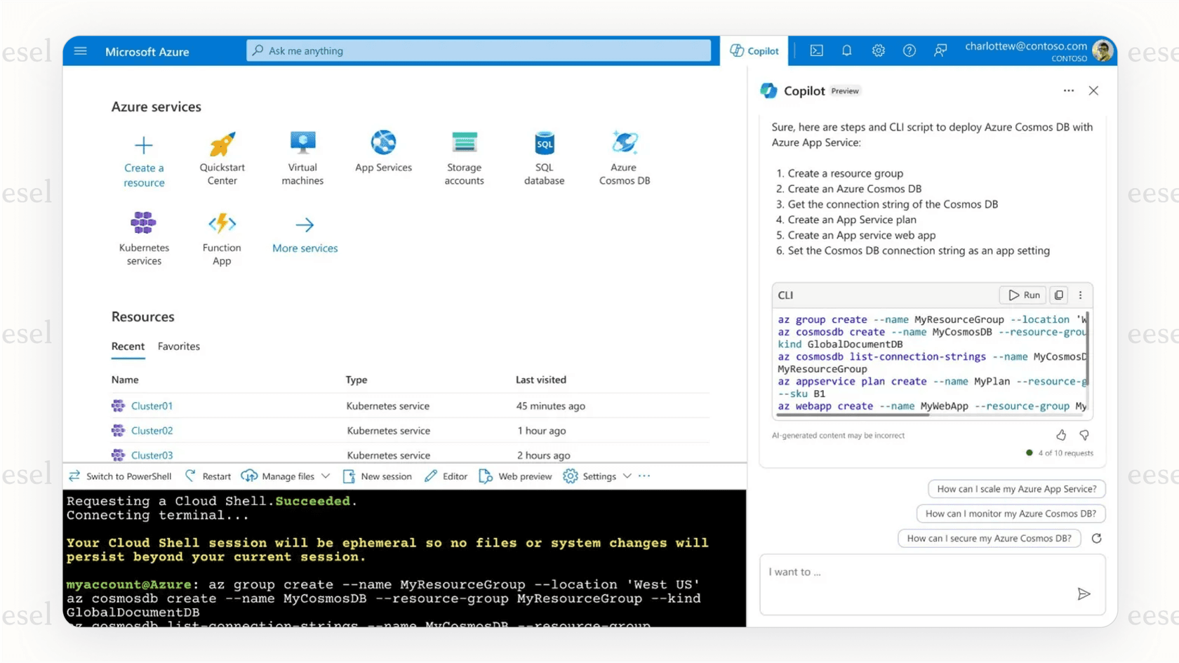 A user asks the Azure Copilot to generate a Terraform script for a web app, and the AI assistant provides the complete, ready-to-use code in the chat window.