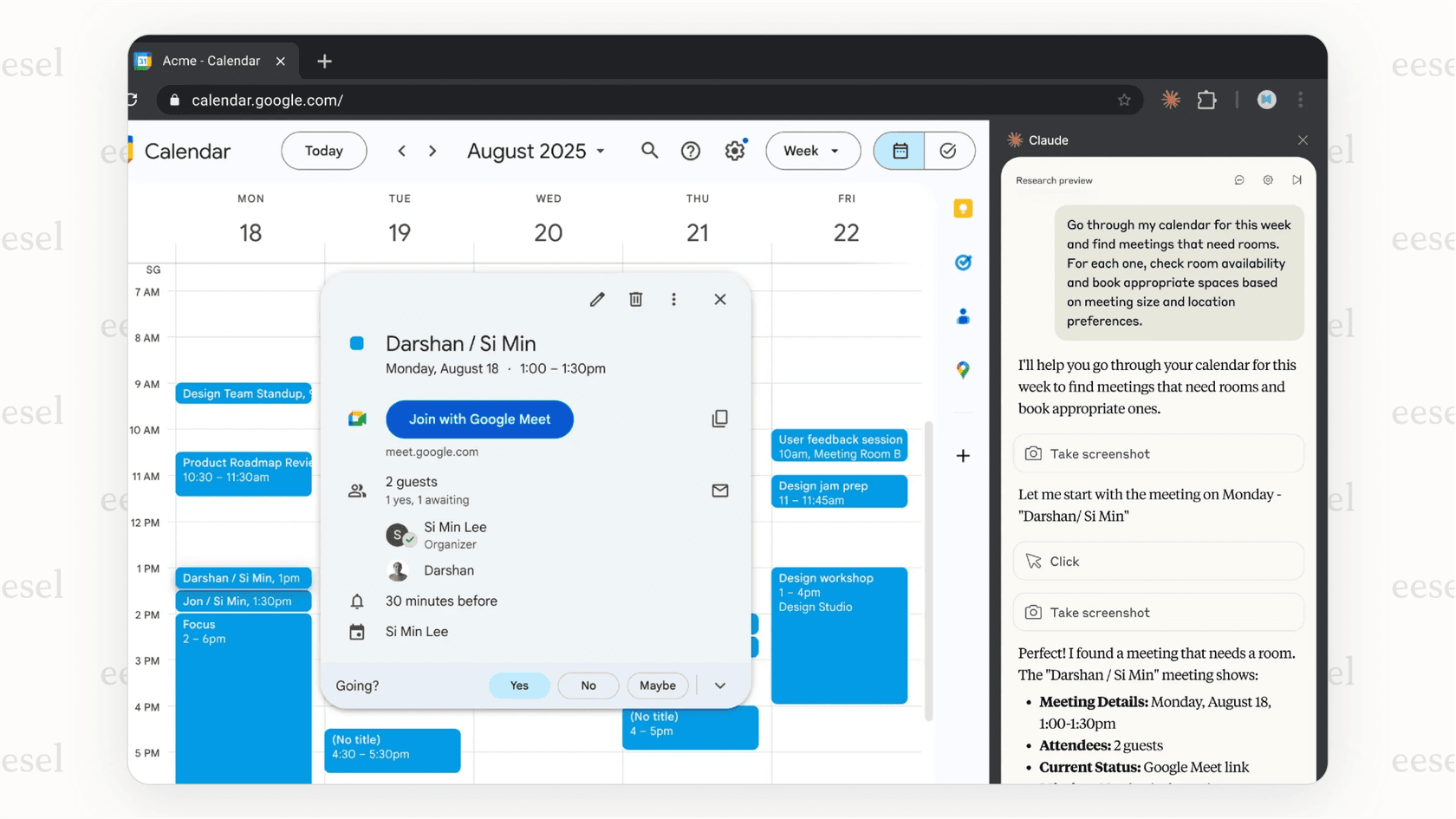 A screenshot showing the user interface for the Claude for Chrome AI agent, which appears in a sidebar next to a website