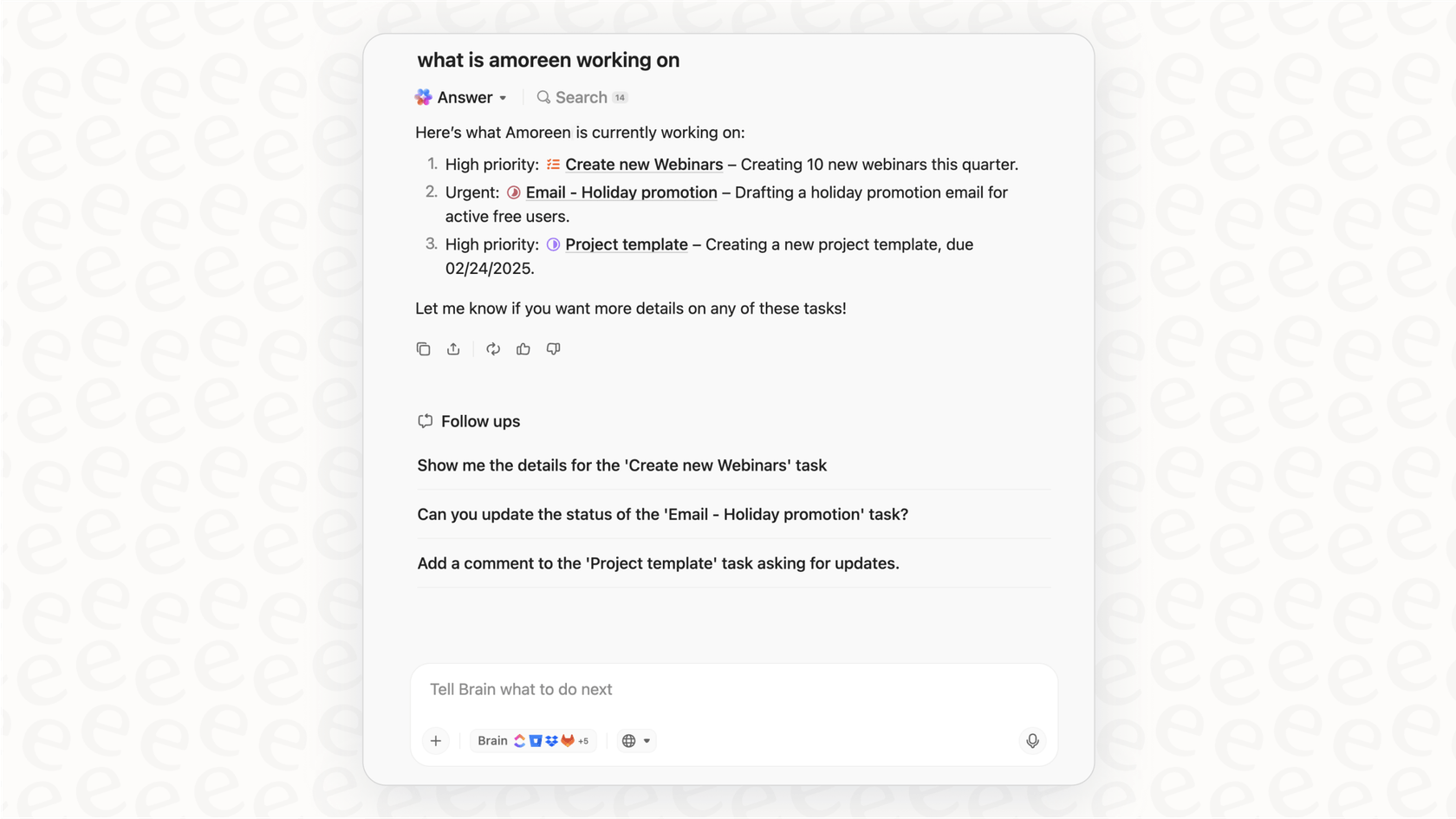Screenshot of the conversational assistant in ClickUp AI, where a user asks about project status and the AI generates a response based on workspace data.