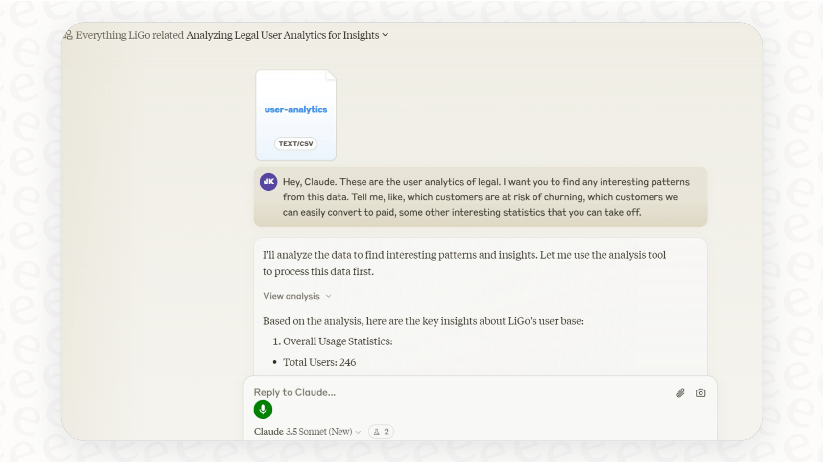 A screenshot of the Claude interface demonstrating a Claude analysis being performed on a CSV file to find data trends.