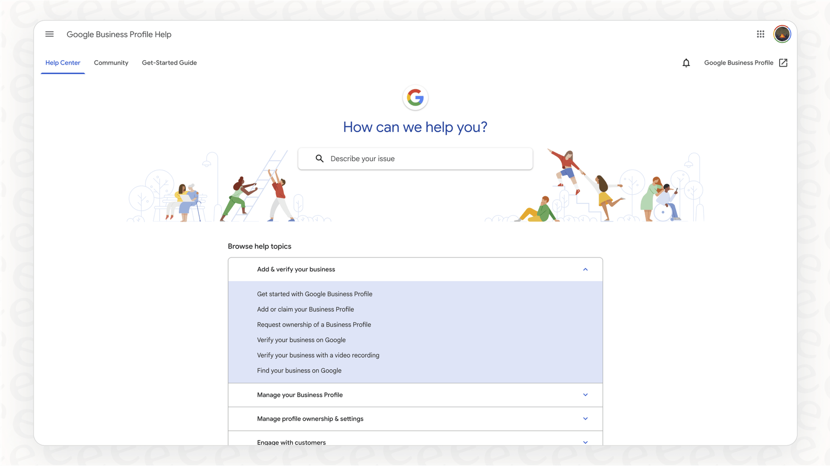 Screenshot of the official Help Center for Google Business customer service, showing the search bar and categories of help articles.