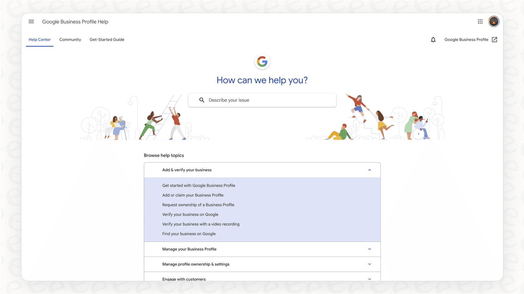 Screenshot of the official Help Center for Google Business customer service, showing the search bar and categories of help articles.