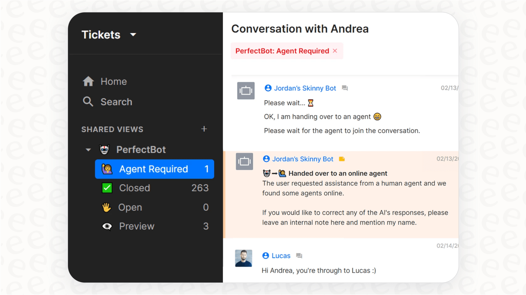 A screenshot of the Gorgias help desk demonstrating how Perfectbot appears as an AI agent in the support team list.