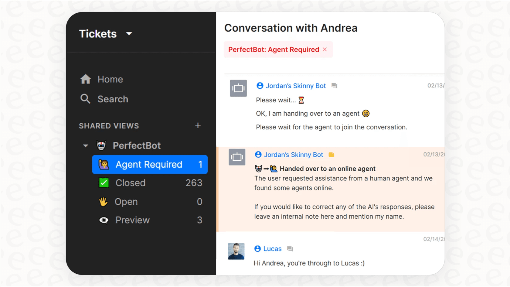 Une capture d'écran du centre d'assistance Gorgias montrant comment Perfectbot apparaît comme un agent d'IA dans la liste de l'équipe d'assistance.