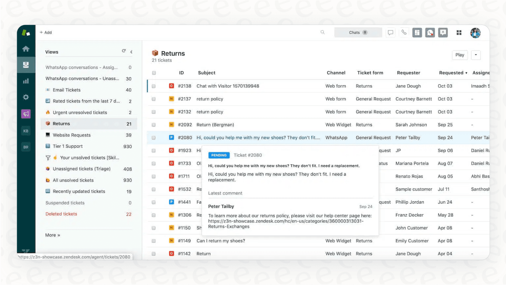 Screenshot of the Zendesk Suite pricing agent workspace demonstrating how email, chat, and call information are unified for a single customer.