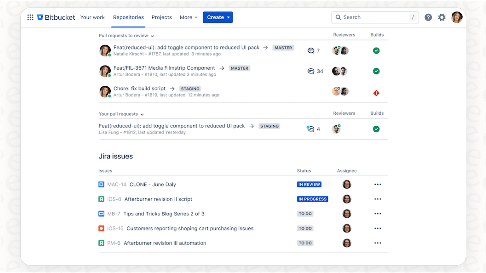 A complete Bitbucket overview of the main user dashboard, showing code repositories.
