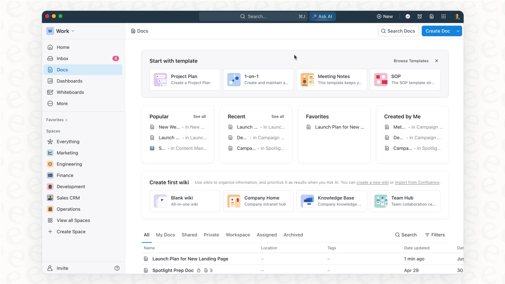 A screenshot of the ClickUp dashboard, showcasing why it is one of the top Airtable alternatives for all-in-one project management.::