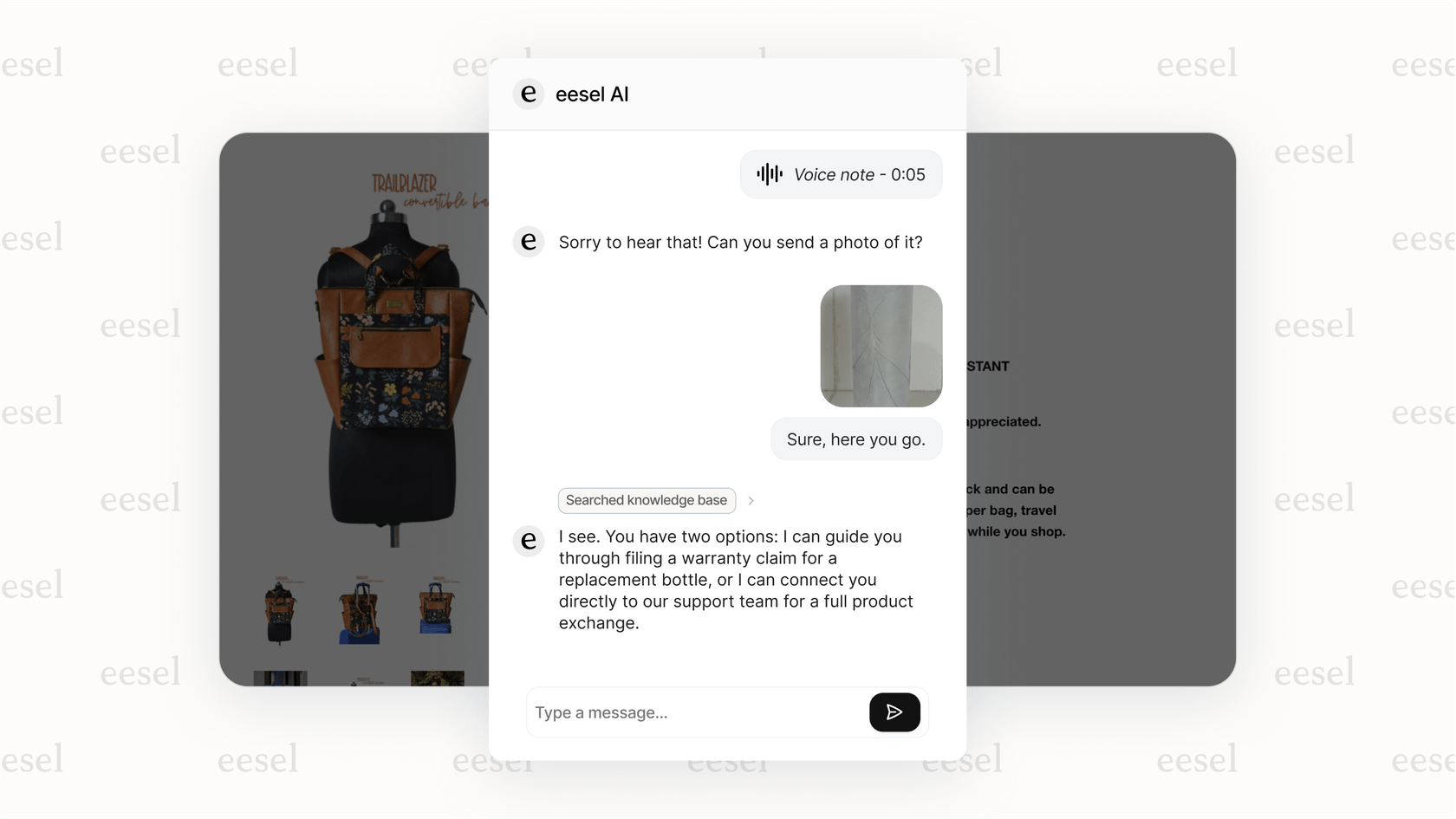 Screenshot demonstrating the image input capability of gpt-realtime, where a customer sends a picture of a broken product to an AI voice agent for help.