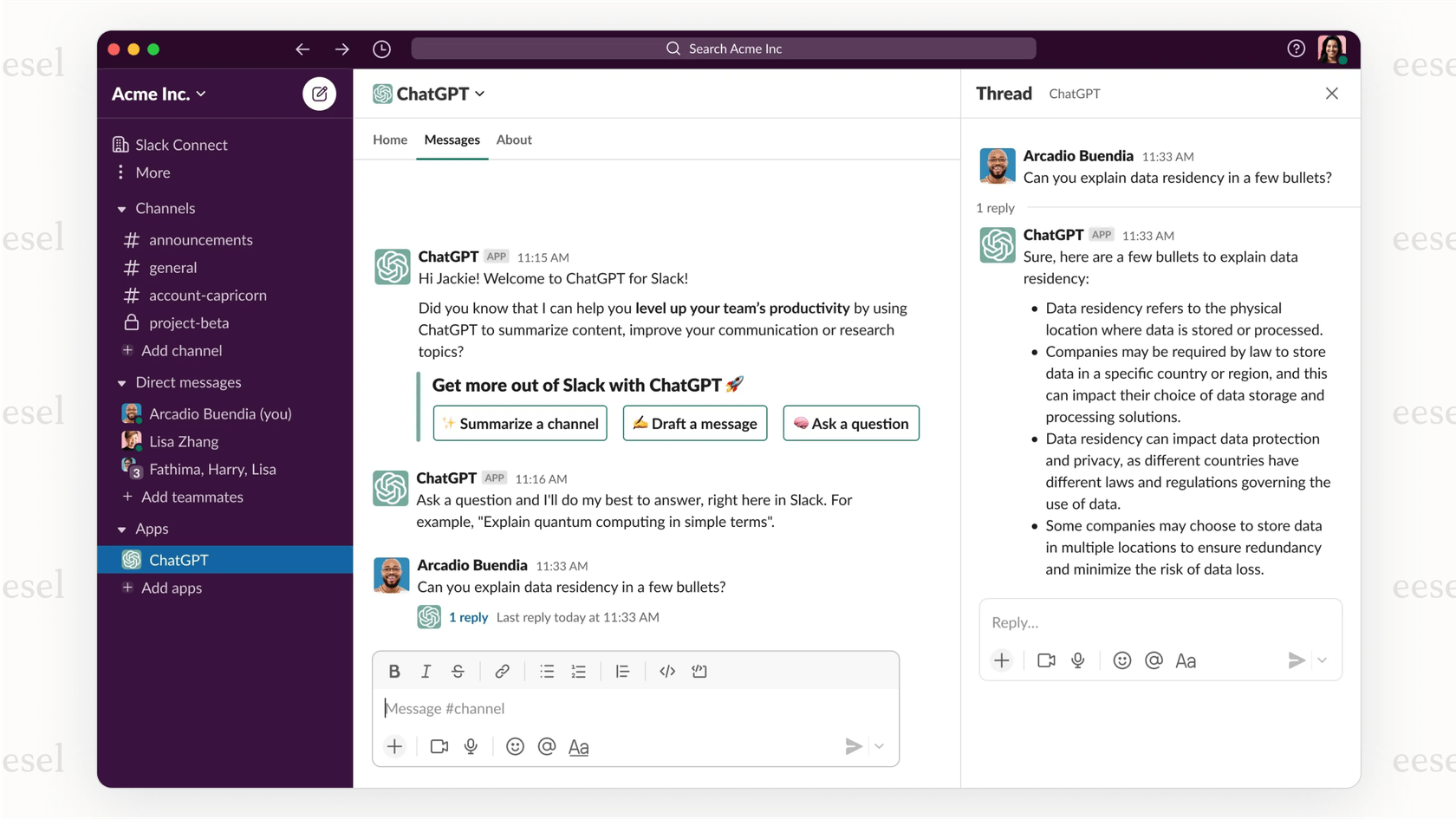 A screenshot of a ChatGPT Slack integration summarizing key decisions from a busy project channel directly within the Slack interface.