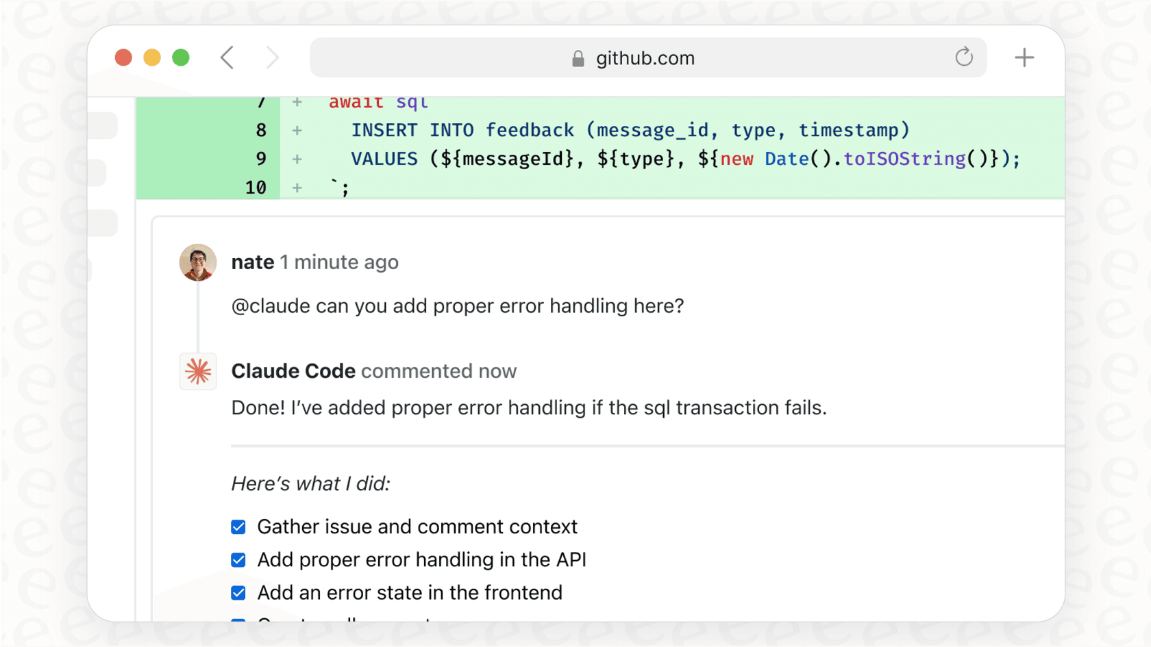 A screenshot of a GitHub comment showing the @claude mention that initiates the Claude Code GitHub integration.