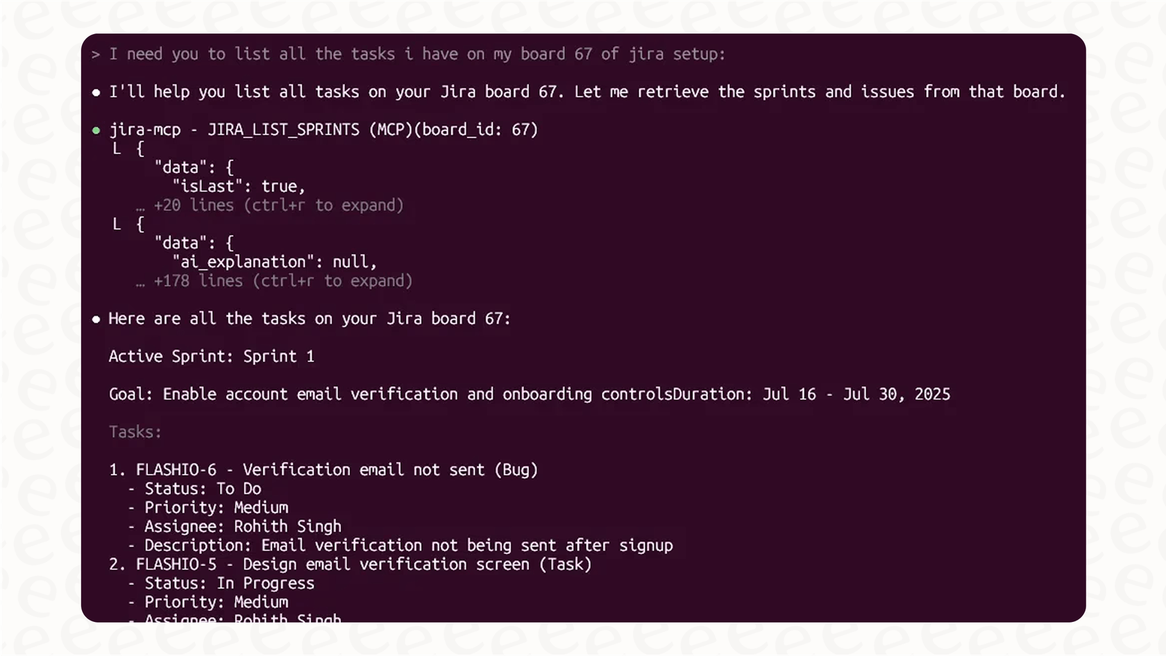 Screenshot of the Claude Code interface demonstrating a successful Claude Code MCP server integration with Jira and GitHub for a development workflow.