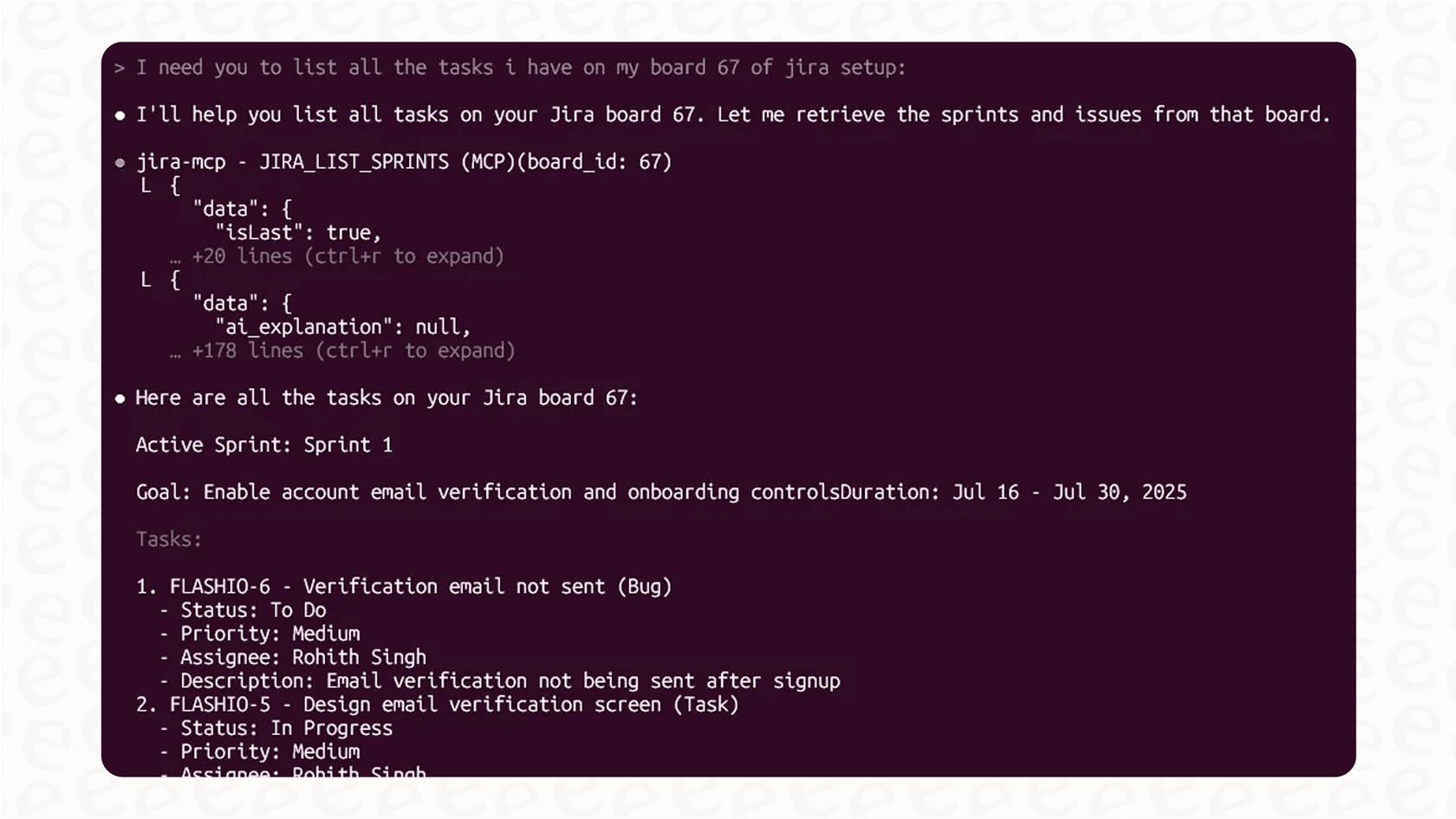Screenshot of the Claude Code interface demonstrating a successful Claude Code MCP server integration with Jira and GitHub for a development workflow.