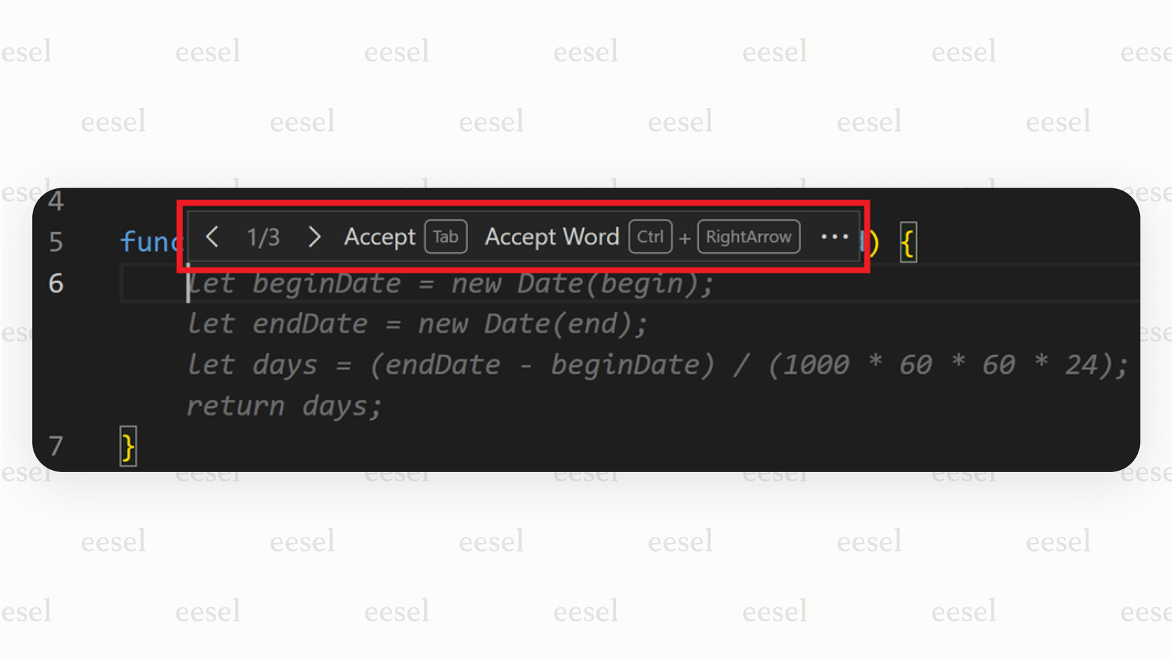 An image showing an example of GitHub Copilot providing a multi-line code completion suggestion as ghost text within a code editor.