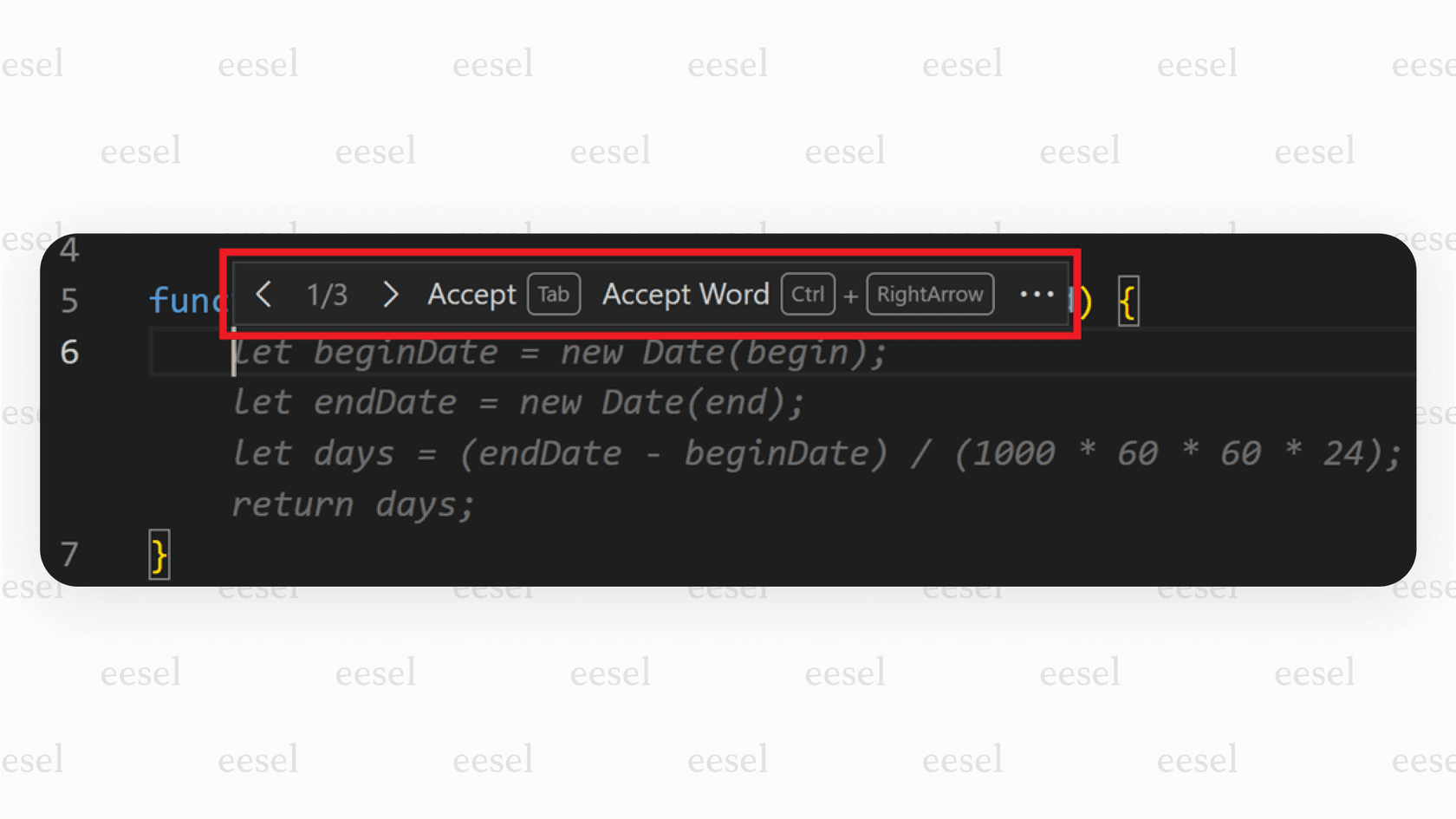 An image showing an example of GitHub Copilot providing a multi-line code completion suggestion as ghost text within a code editor.