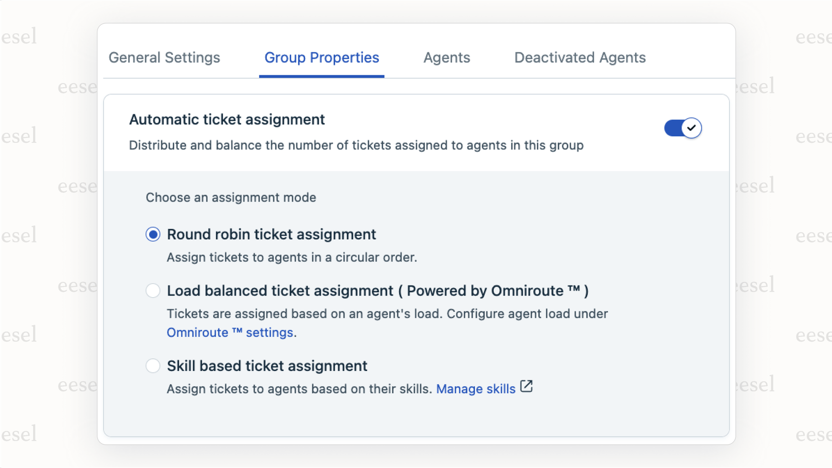 The admin interface in Freshdesk for configuring round-robin automatic ticket assignment Freshdesk for a support team.
