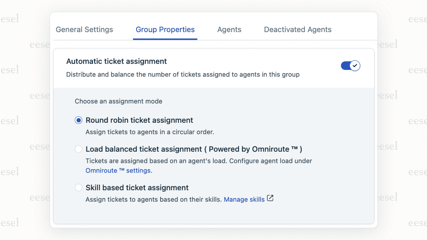 The admin interface in Freshdesk for configuring round-robin automatic ticket assignment Freshdesk for a support team.