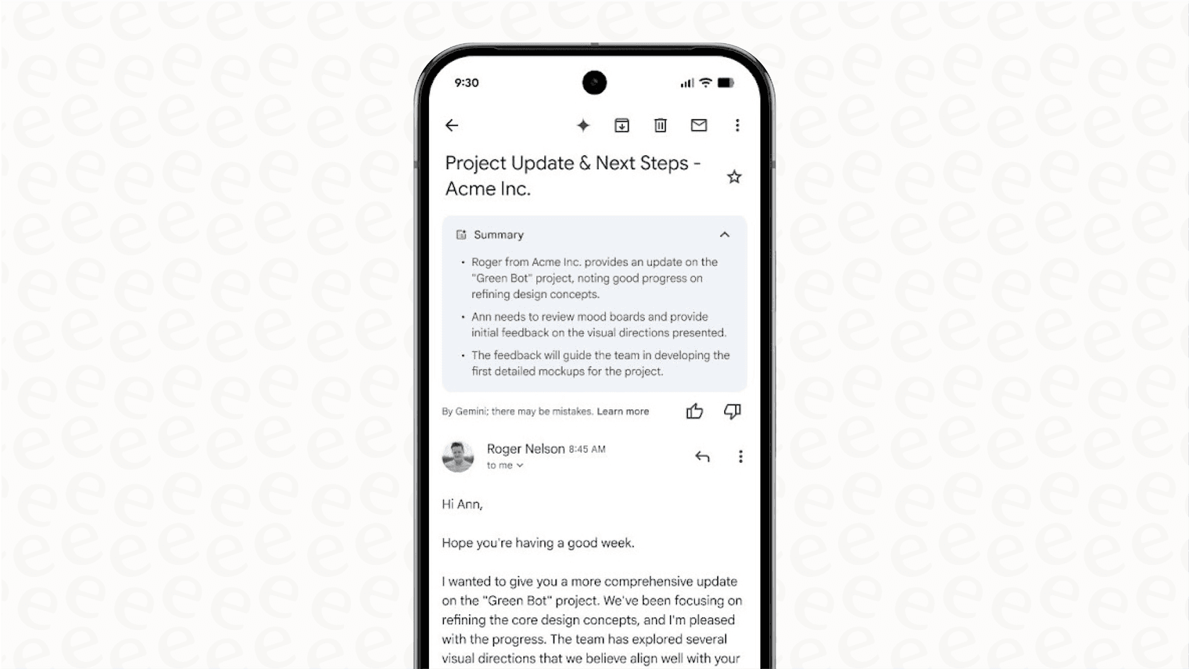 A screenshot demonstrating the Google Workspace Gemini feature that summarizes long email threads directly within the Gmail user interface.