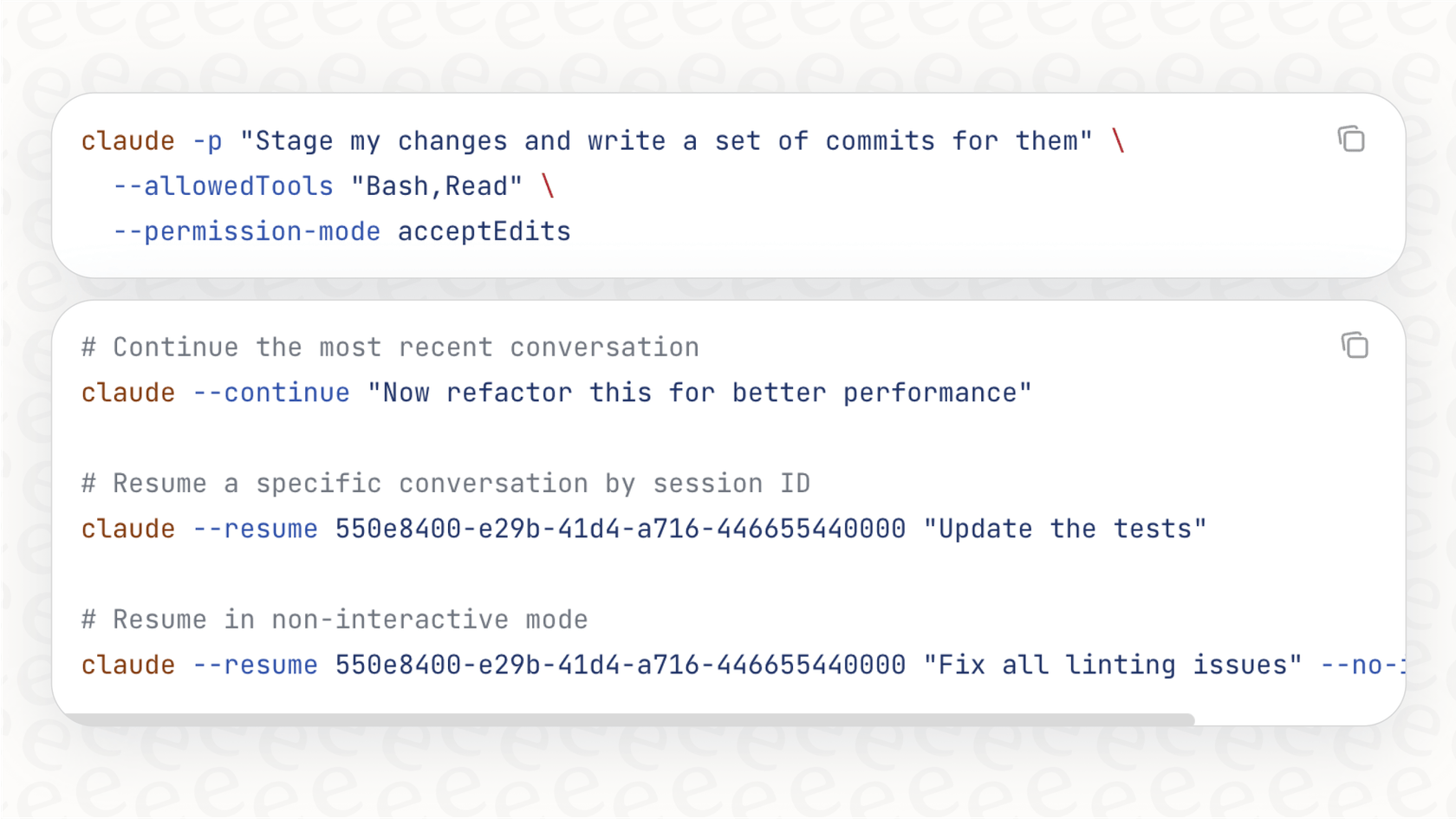 A screenshot of a shell script that uses the -p flag to run Claude Code automation for a refactoring task without direct user input.