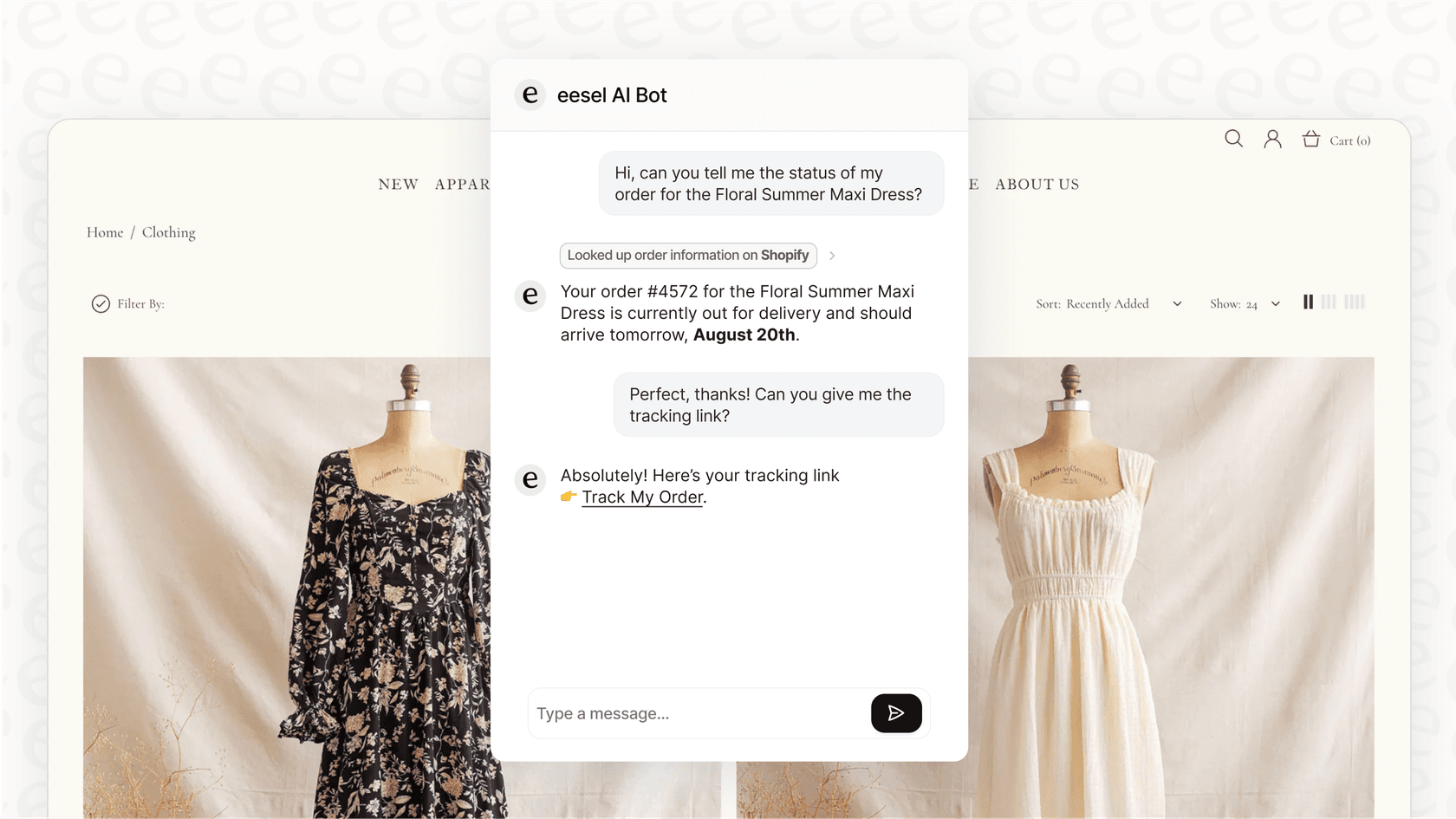 A screenshot of an AI-powered chatbot giving a personalized and accurate response about an order status, a core function of an intelligent call center.