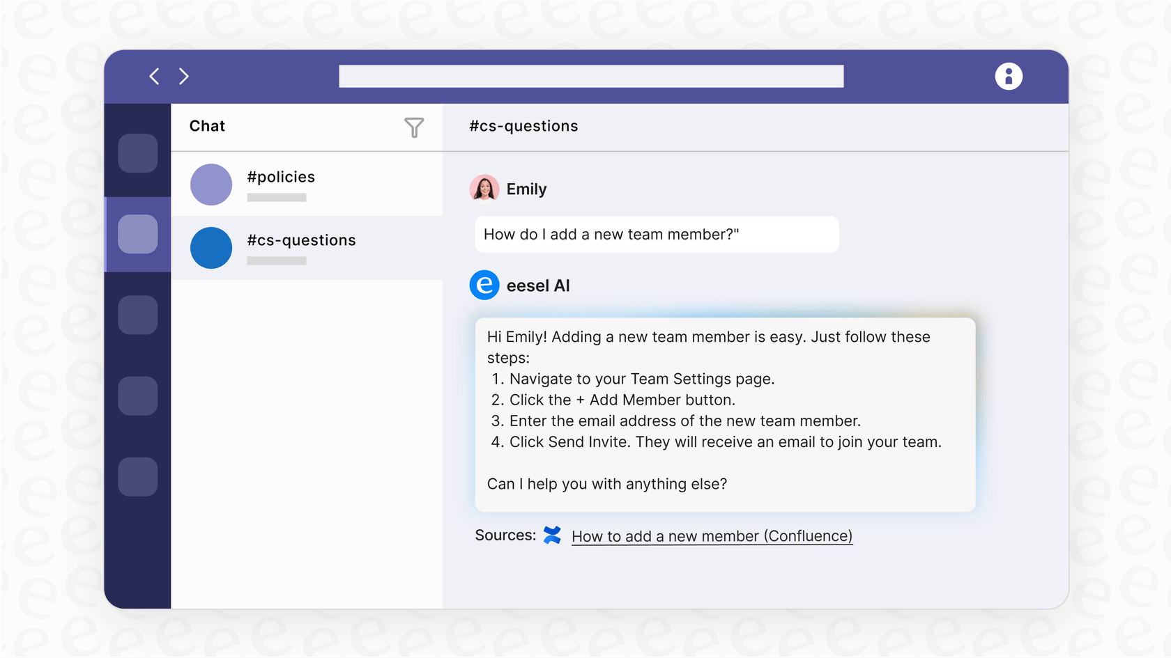 Screenshot showing the eesel AI chatbot, a key feature of this SaaS onboarding software, answering a new user