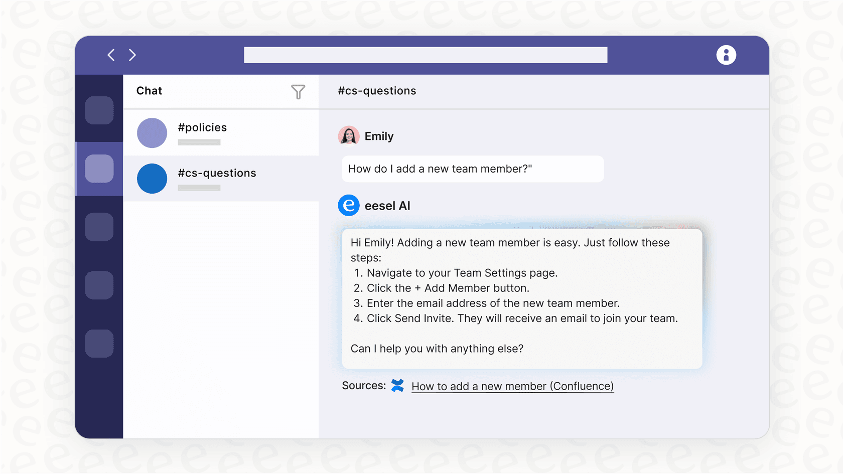 Screenshot showing the eesel AI chatbot, a key feature of this SaaS onboarding software, answering a new user