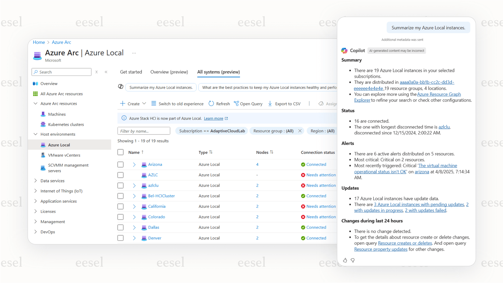 The Azure Copilot chat interface within the Azure Portal displaying a summary of recent service health events in response to a user's question.