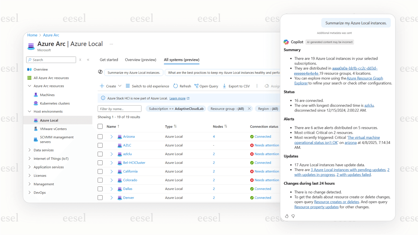 The Azure Copilot chat interface within the Azure Portal displaying a summary of recent service health events in response to a user