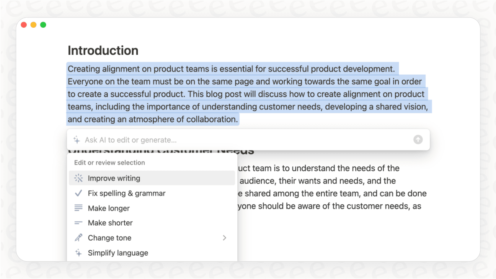 The Notion AI assistant menu showing options to transform highlighted text, including summarizing and changing tone.
