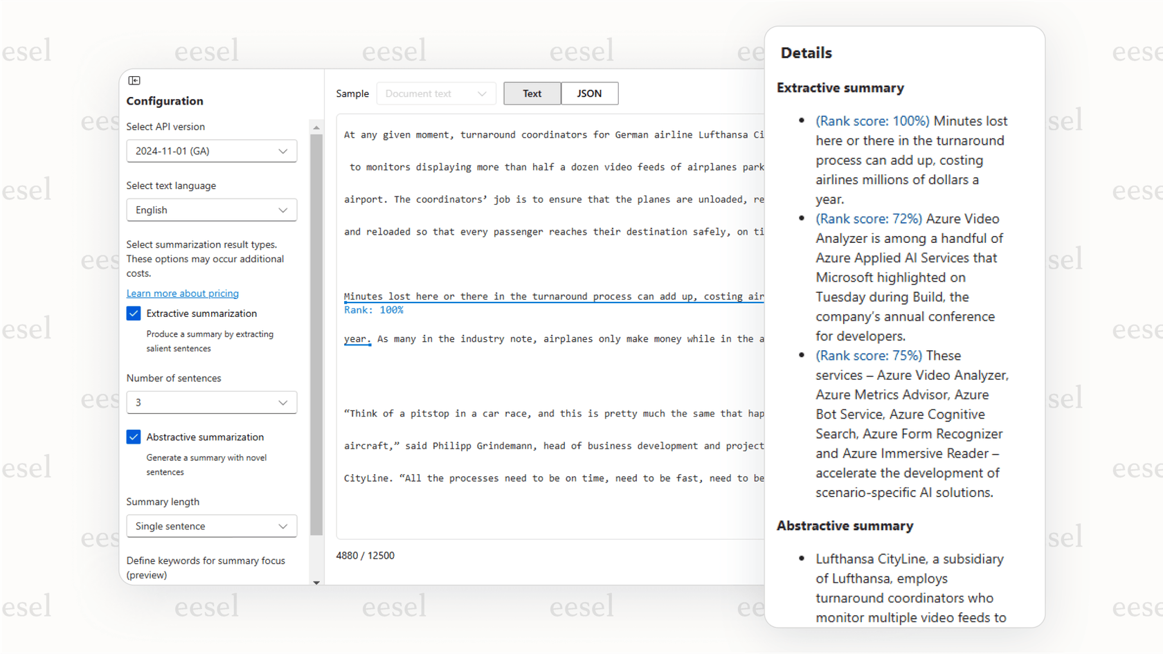 A screenshot demonstrating how Azure OpenAI models can summarize a long document into key points, saving time for business users.