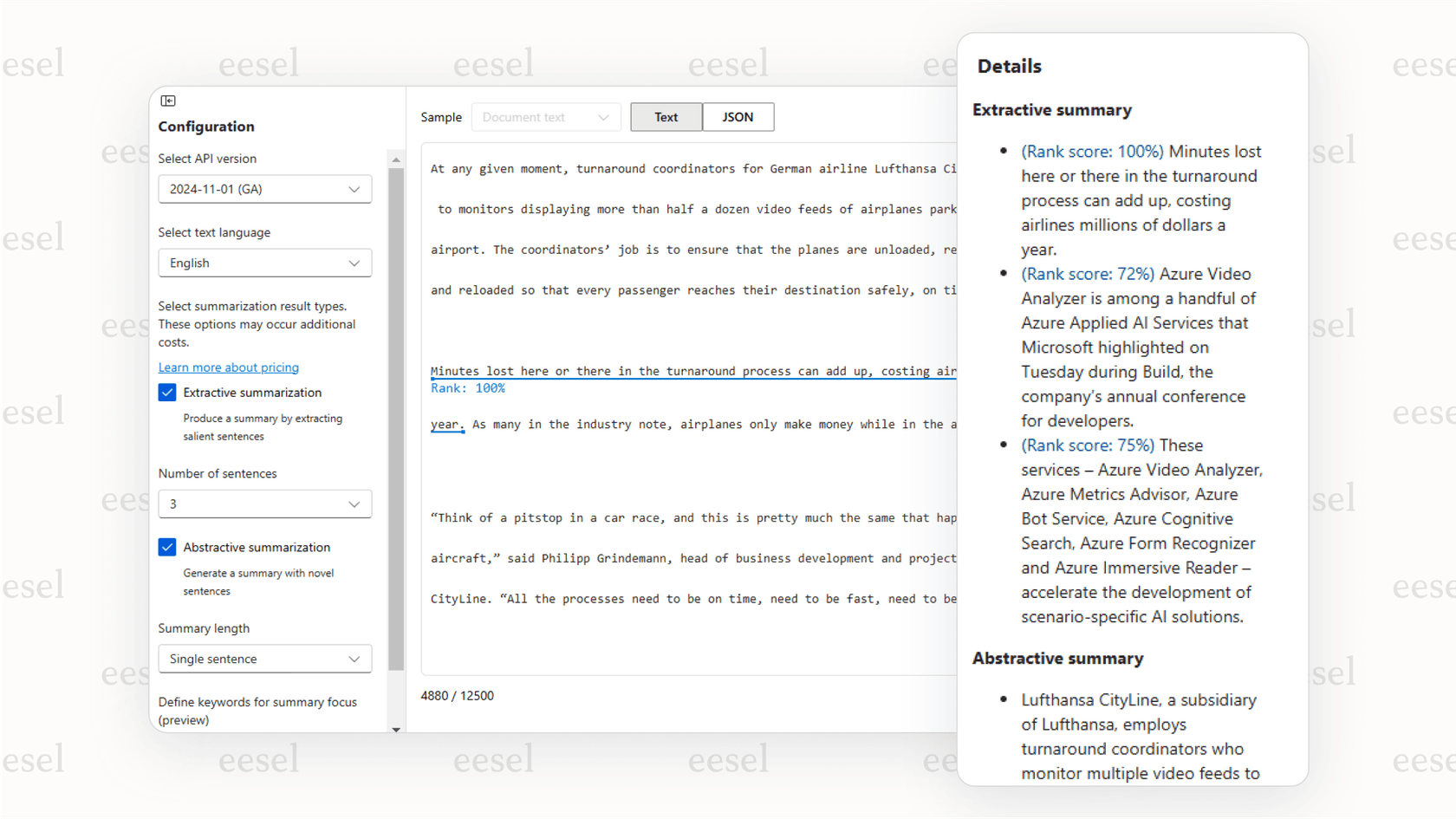 A screenshot demonstrating how Azure OpenAI models can summarize a long document into key points, saving time for business users.